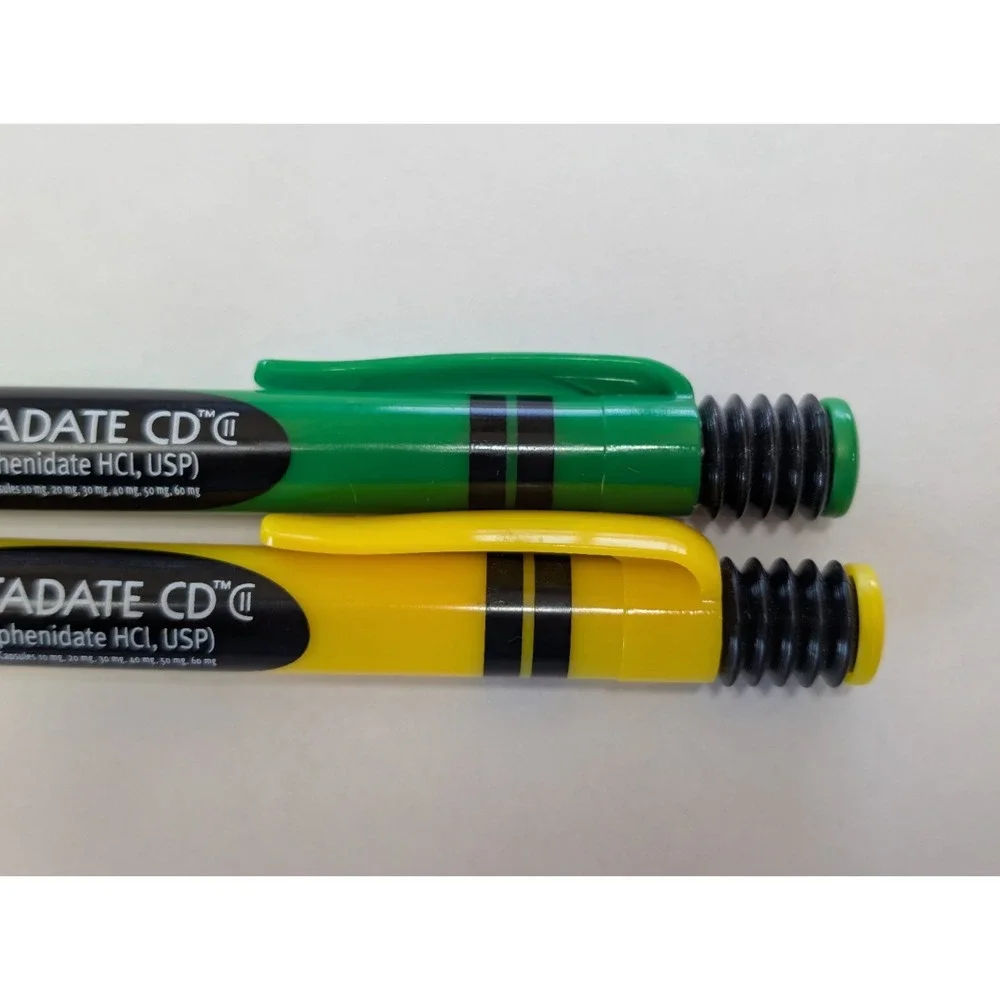 RARE Metadate CD CII Pharmaceutical Drug Rep Pen ADHD Green Yellow Crayon Click